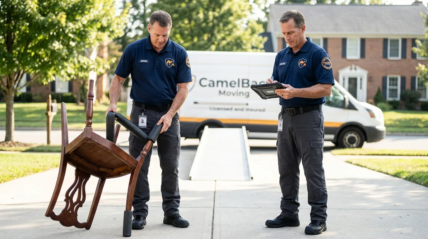 Movers inspecting furniture for damage prevention before loading in Pittsford, NY