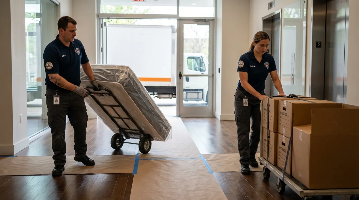 Professional apartment movers loading elevator in Pittsford, NY